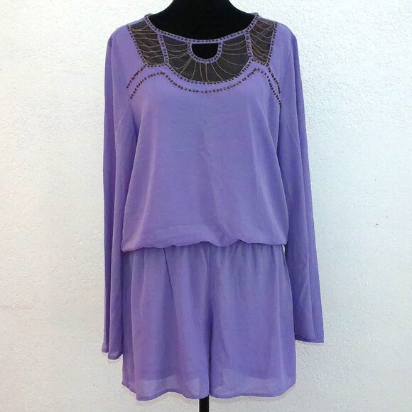 Iovposh, Purple long sleeve romper, with golden beads/fine chain details - Picture 1 of 16